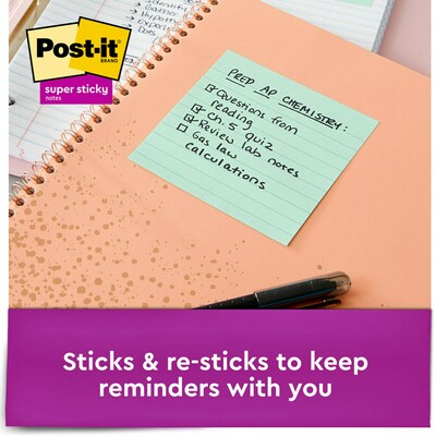Post-it Recycled Super Sticky Notes, 4" x 4", Oasis Collection, Lined, 90 Sheets/Pad, 6 Pads/Pack (675-6SST)