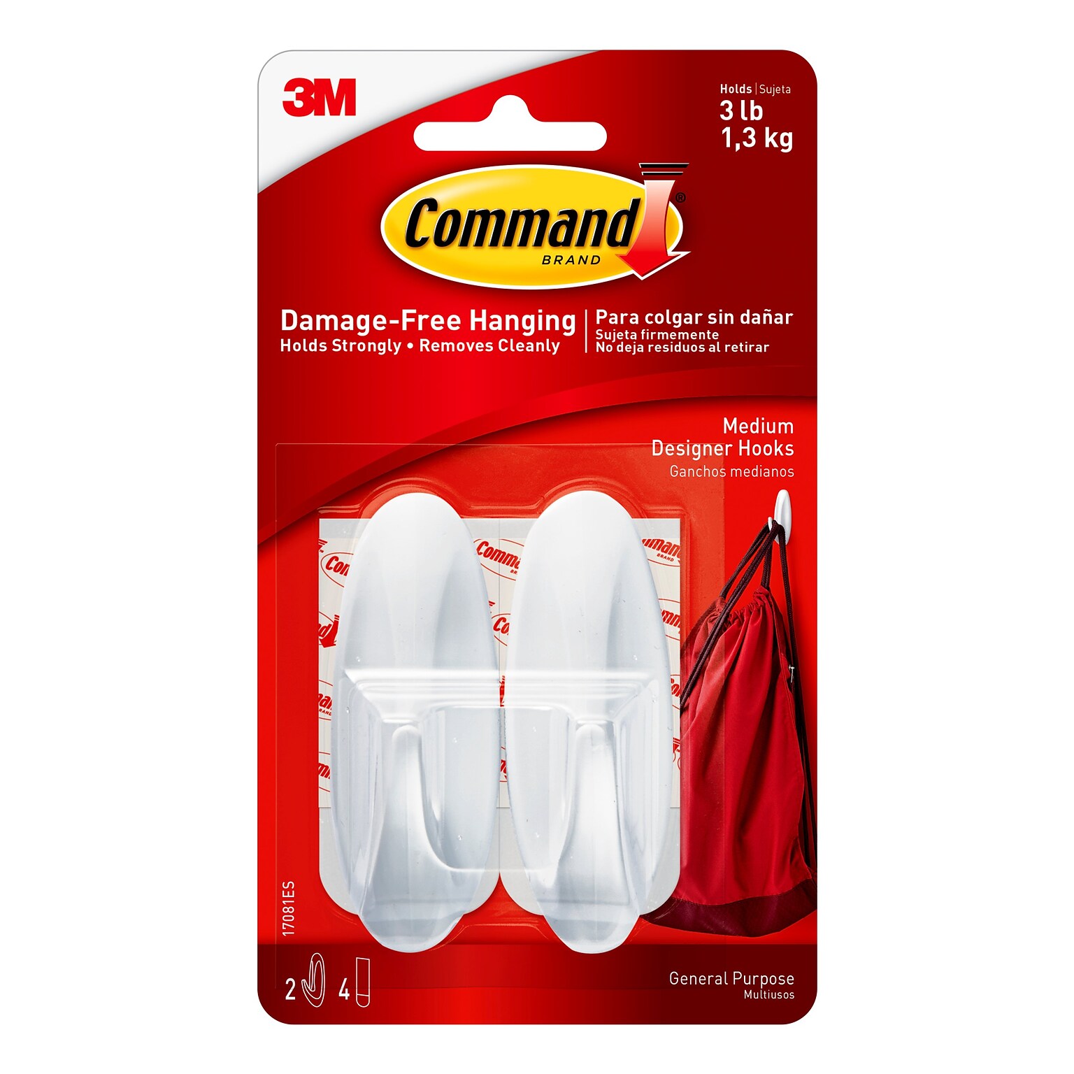 Command Medium Designer Hooks, 3 lb., White, 2/Pack (17081ES)