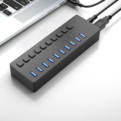 4XEM 10-Port USB 3.0 Power Switch Data Transfer Hub, Gray (4XH710)