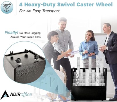 AdirOffice 50-Slot Mobile Roll File, Lockable, 28.5"H x 30"W x 15.75"D, Black (626-BLK-KIT1)