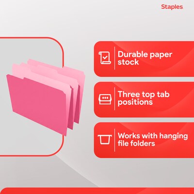 Staples Reinforced File Folders, 1/3-Cut Tab, Letter Size, Pink, 100/Box (508952)