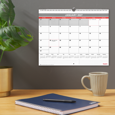 2027 Staples 15" x 12" Monthly Wall Calendar, White/Red/Gray (ST52080-27)