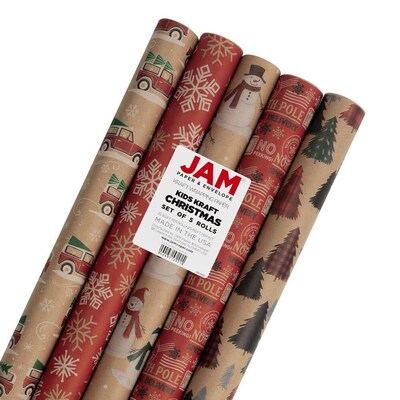 JAM Paper Christmas Wrapping Paper, 25 Sq. ft. x 30", Kids Kraft Christmas Set, 5 Rolls/Pack (165K5KRKID)