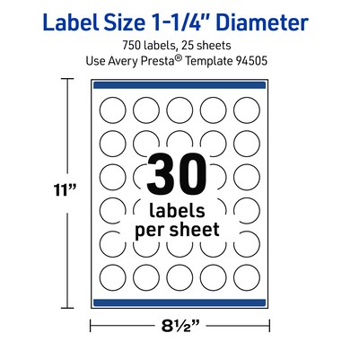 Avery Round Laser Multipurpose Labels, 1.25" Dia., White, 750/Pack (19479399421)