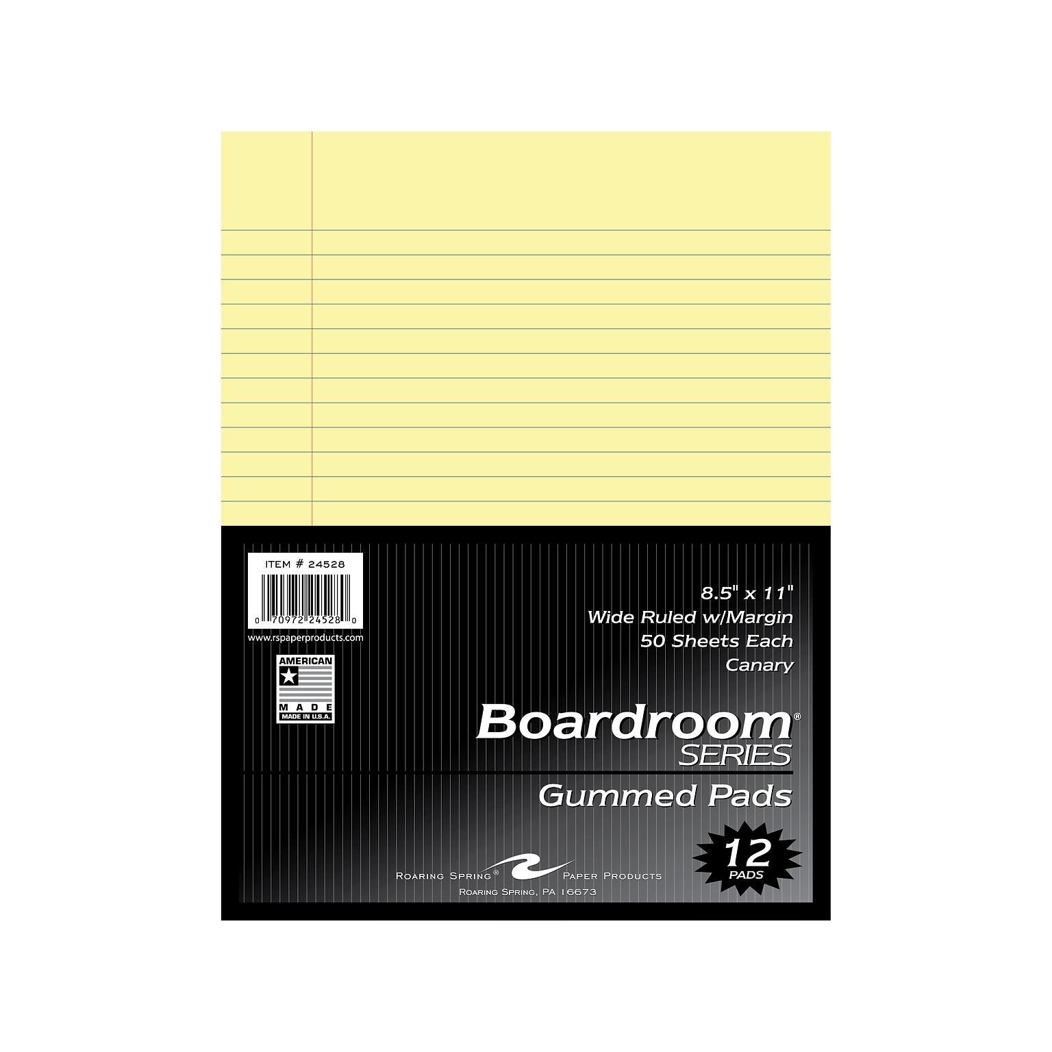 Roaring Spring Paper Products Boardroom Series Notepad, 8.5 x 11, Wide Ruled, Canary, 50 Sheets/Pad, 72 Pads/Carton