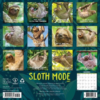 2027 Willow Creek Sloth Mode 12 x 12 Monthly Wall Calendar, Assorted Colors (62371)
