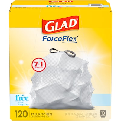 Glad ForceFlex Tall 13 Gallon Drawstring Kitchen Trash Bag, White, 120 Total Bags (78555)