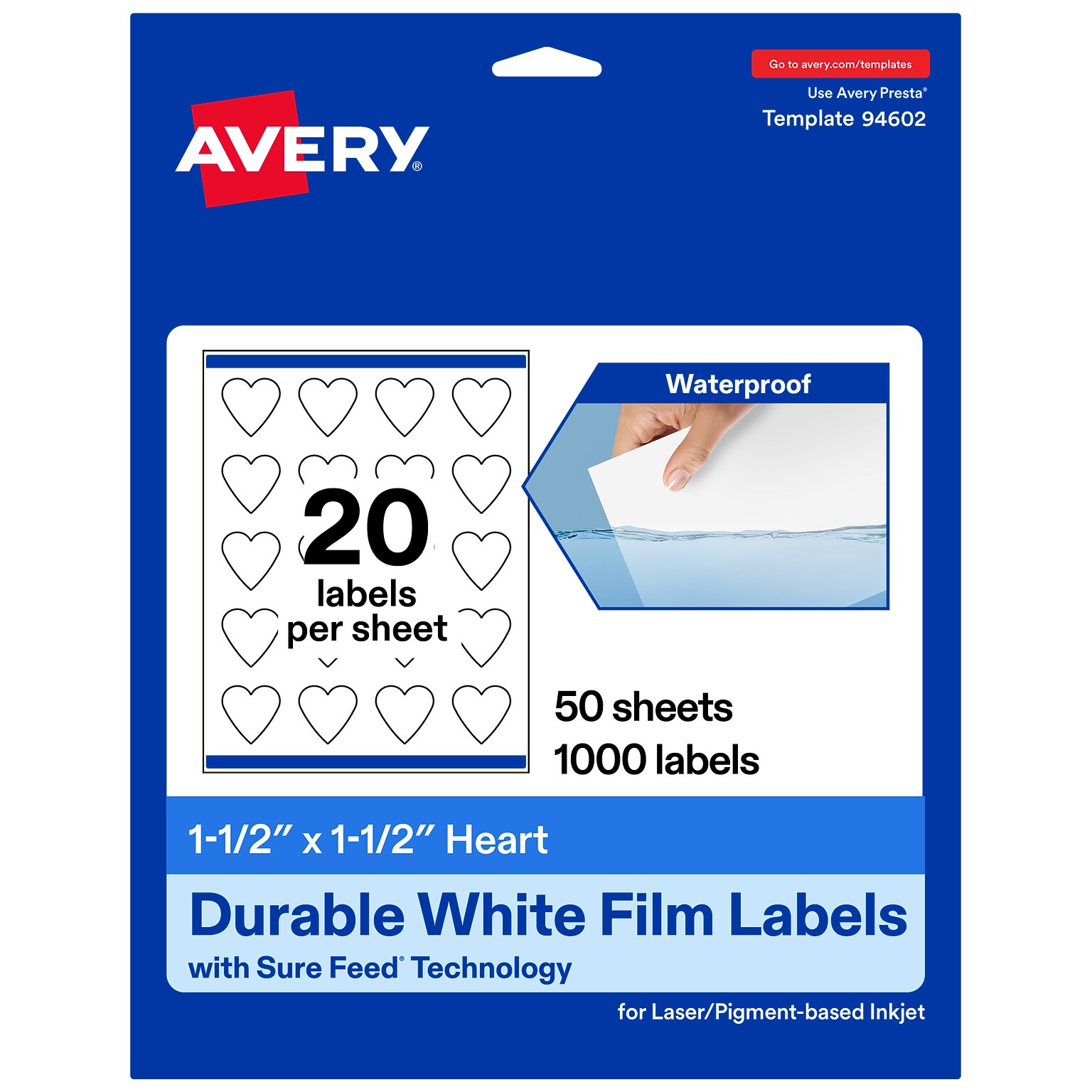 Avery Waterproof Heart Shaped Laser/Inkjet Multipurpose Labels, 1.5 x 1.5, White, 1000/Box (94602)