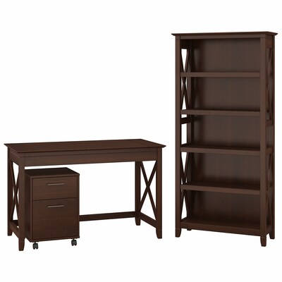 Bush Furniture Key West 48W Writing Desk with 2 Drawer Mobile File Cabinet and 5 Shelf Bookcase, Bing Cherry (KWS002BC)