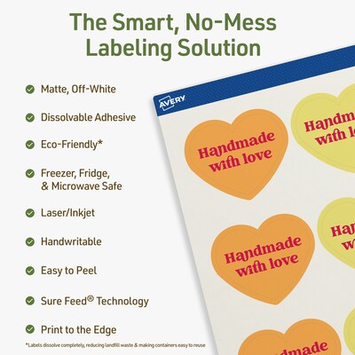 Avery Dissolvable Heart Shaped Multipurpose Labels, 2-9/32 x 1-27/32, Off-white, 60/Pack (94603)