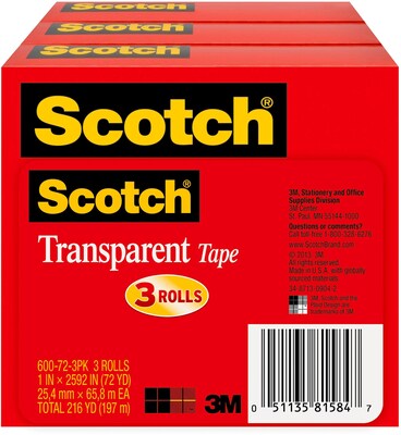 Scotch Transparent Tape, 1 in x 2592 in, 3 Tape Rolls, Clear, Refill, Home Office and Back to School Supplies for Classroom