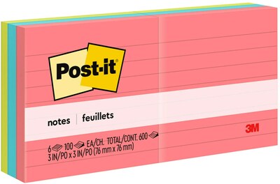 Post-it Notes, 3" x 3", Poptimistic Collection, Lined, 100 Sheet/Pad, 6 Pads/Pack (6306AN)