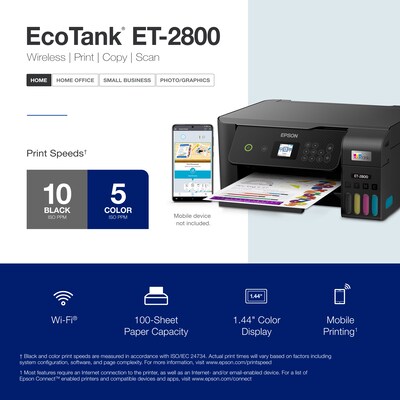 Epson EcoTank ET-2800-B Wireless Color Inkjet Printer, All-In-One Supertank, Print, Scan, Copy (9472532)