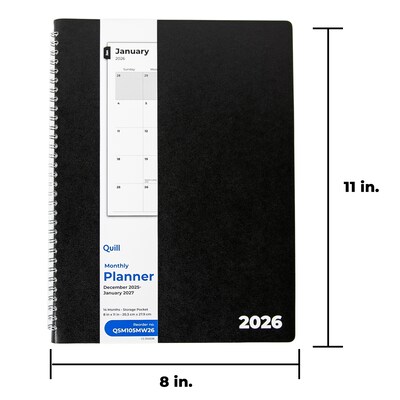 2026 Quill Brand® 8 x 11 14-Month Monthly Planner, 8x11, Black (63001-26-QCC)