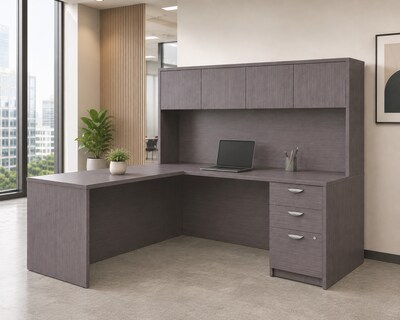 Boss Office Products " Office Desk with Hutch, Return and Pedestal, Driftwood (GROUPA25-DW)