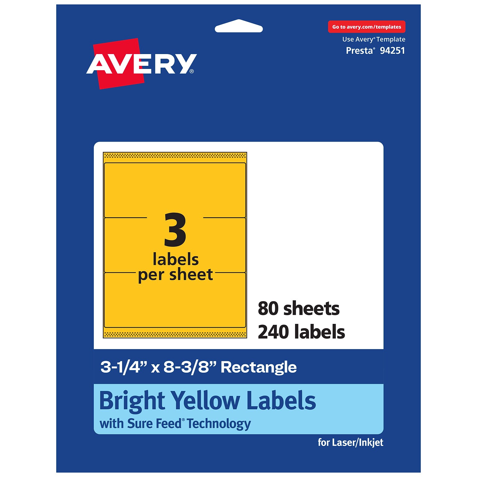 Avery Rectangle Laser/Inkjet Multipurpose Labels, 3-1/4 x 8-3/8, Bright Yellow (240/Box)