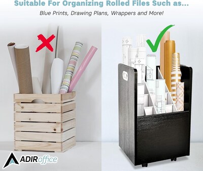 AdirOffice 20-Slot Mobile Roll File, Lockable, 24.75" H x 15.25" W x 13.25" D, Black (624-BLK-KIT1)