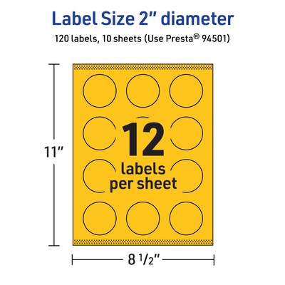 Avery Laser/Inkjet Round Multipurpose Labels, 2" Dia., Bright Yellow, 120/Pack (94501)
