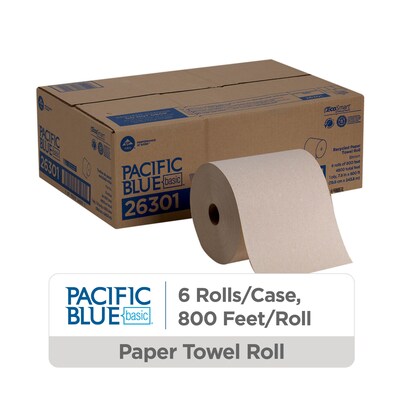 Pacific Blue Basic Recycled Hardwound Paper Towels, 1-ply, 800 ft./Roll, 6 Rolls/Carton (26301)