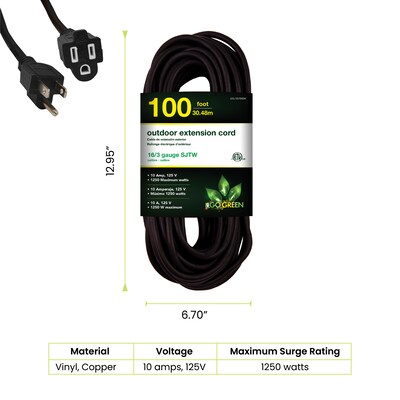 GoGreen Power 100 Indoor/Outdoor Extension Cord, 16 AWG, Black (GG-13700BK)