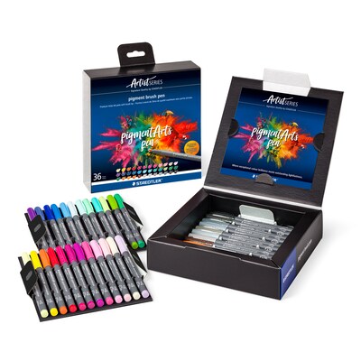 STAEDTLER Pigment Arts Multi Ink Brush Pens, Permanent, Multi Surface, Assorted Colors, 36/Pack (STD371C36)