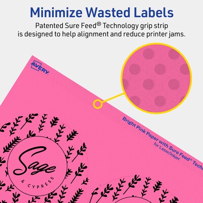 Avery Laser/Inkjet Round Multipurpose Labels, 3.5" Dia., Bright Pink, 160/Pack (94514)