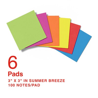 Staples Pop-up Ultra Sticky Notes, 3 x 3, Summer Breeze Collection, 100 Sheets/Pad, 6 Pads/Pack (S