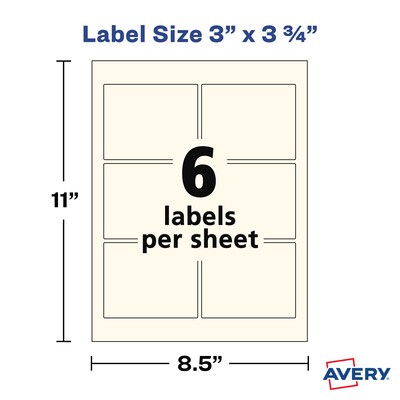Avery Print-to-the-Edge Laser/Inkjet Labels, 3" x 3 3/4", Pearlized Ivory, 6 Labels/Sheet, 8 Sheets/Pack, 48 Labels/Pack (22823)