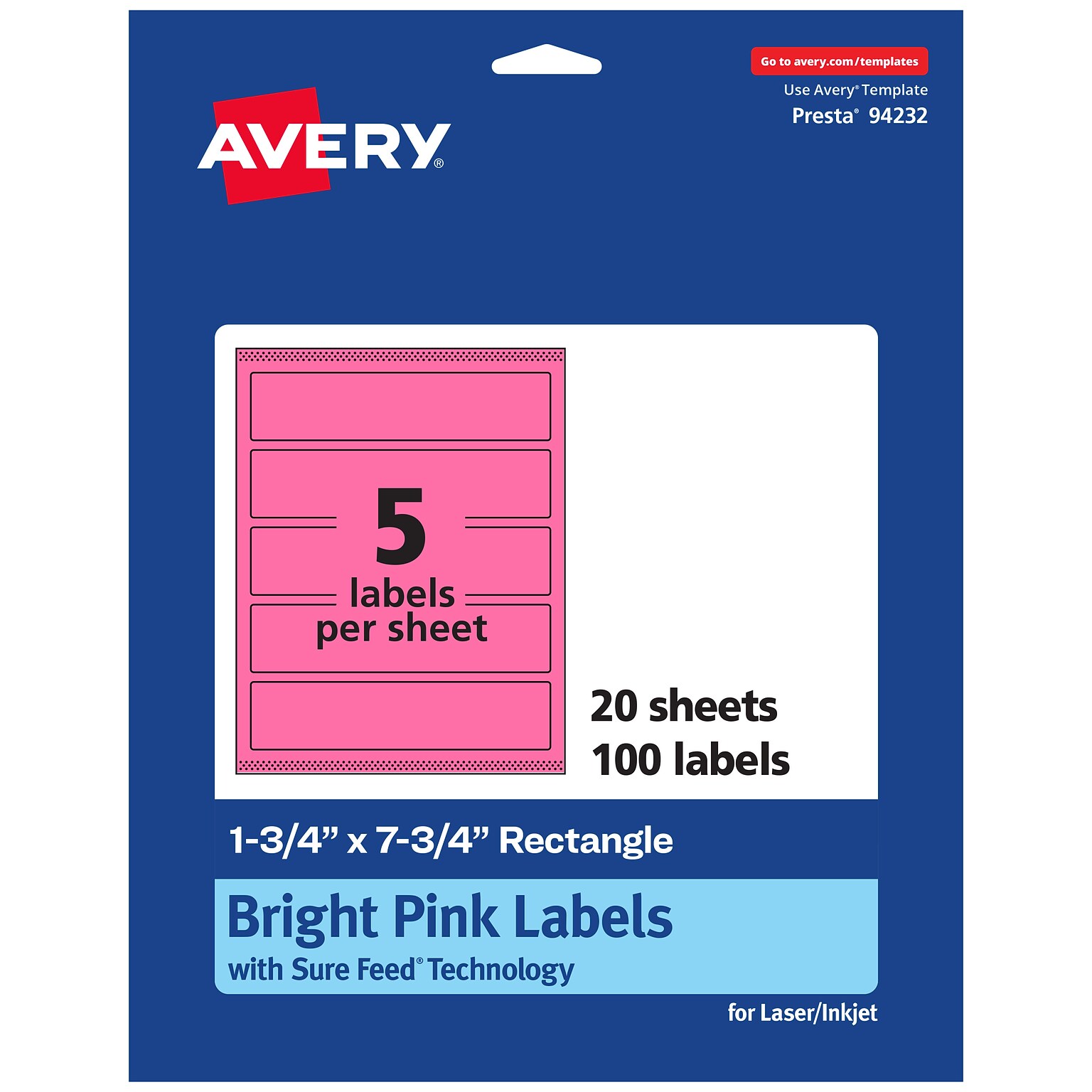 Avery Laser/Inkjet Rectangle Multipurpose Labels, 1.75 x 7.75, Bright Pink, 100/Pack (94232)
