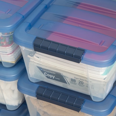 Iris Stack & Pull 12 Qt. Snap Lid Storage Boxes, Clear/Navy, 6/Carton (100306-CT)