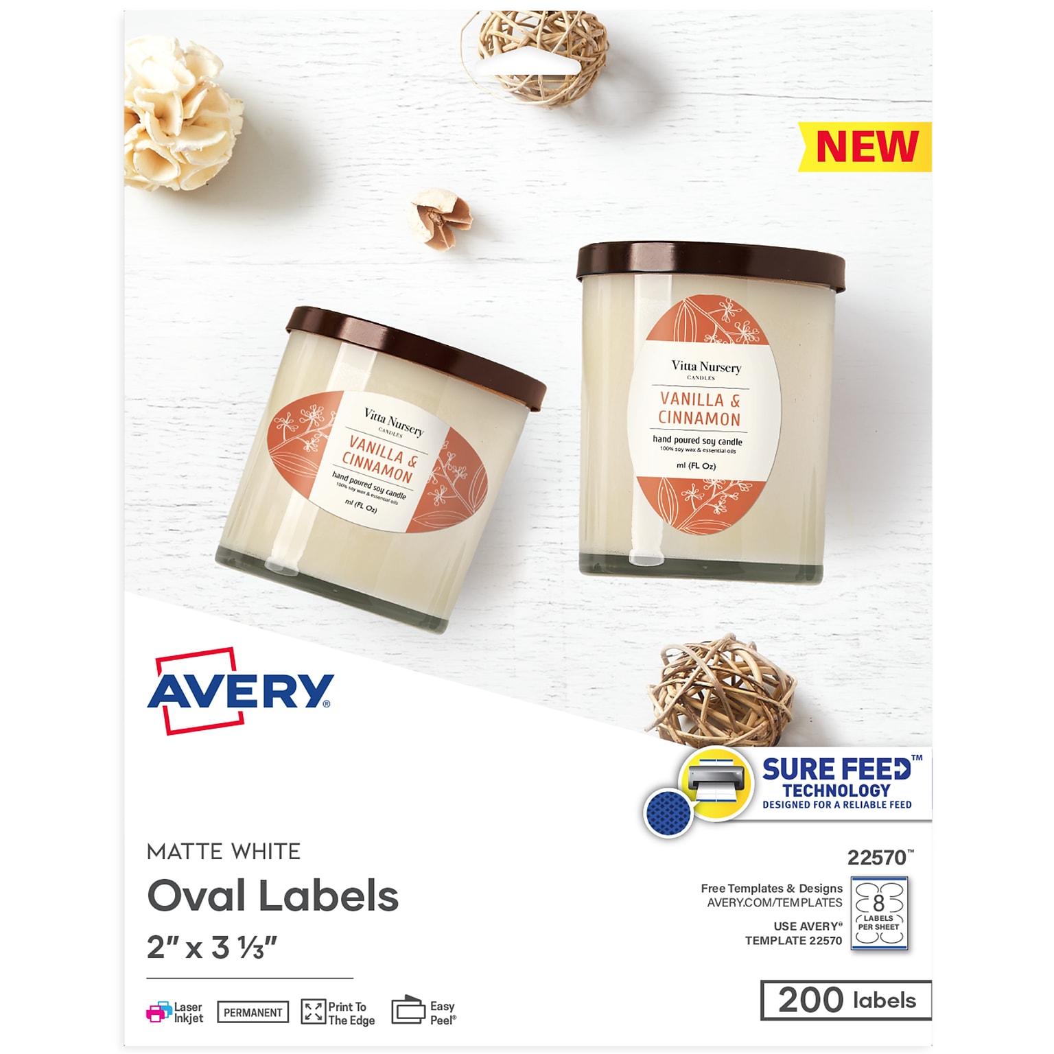 Avery Print-to-the-Edge Laser/Inkjet Oval Labels, 2 x 3-1/3, White, 200 Labels/Pack (22570)