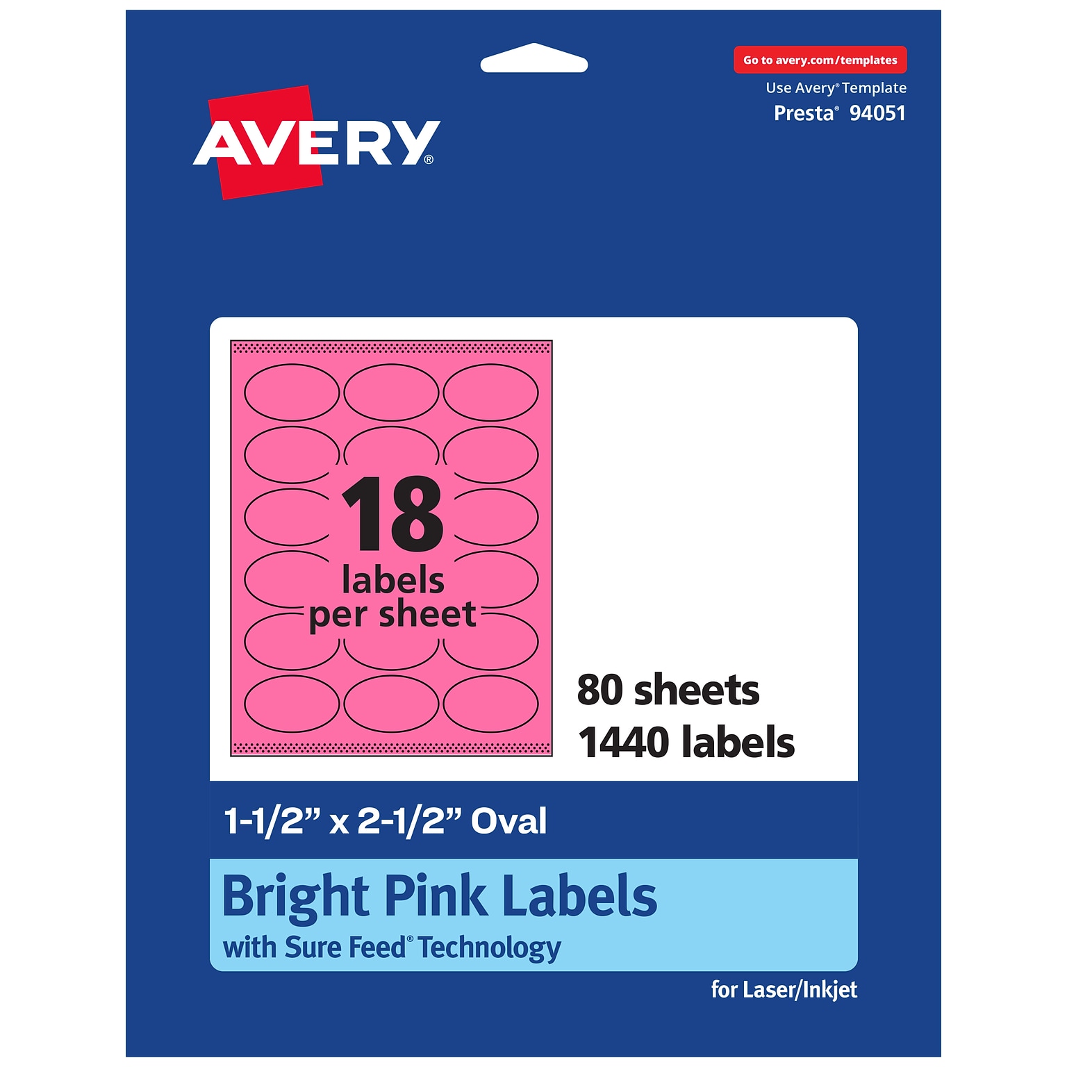 Avery Laser/Inkjet Oval Multipurpose Labels, 1.5 x 2.5, Bright Pink, 1440/Box (94051)