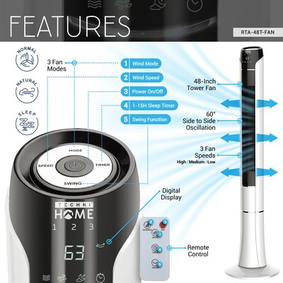 Techni Home Oscillating Tower Fan, 3 Speed, White/Black (RTA-48T-FAN)