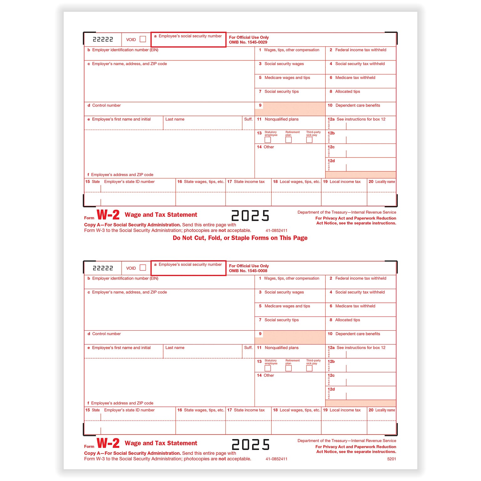 ComplyRight 2025 W-2 Tax Form, 1-Part, 2-Up, Federal Copy A, 50/Pack (520150)