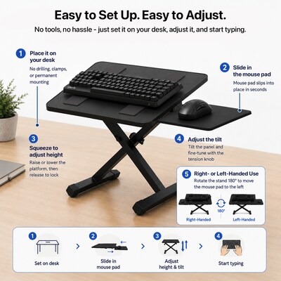 Uncaged Ergonomics KT3 Adjustable Height Keyboard Stand with Mouse Platform for Counters and Workstations, Black