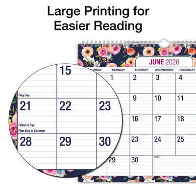 2026-2027 Excello Brands Large Print 12" x 15" Academic Monthly Wall Calendar, Navy Floral (WC-AY26-1215-84)