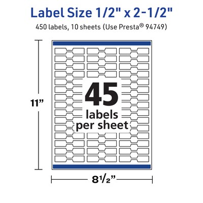 Avery TrueBlock Laser/Inkjet Waterproof Decorative Edge Multipurpose Labels, 0.5" x 2.5", White, 450 Labels/Pack (94749)