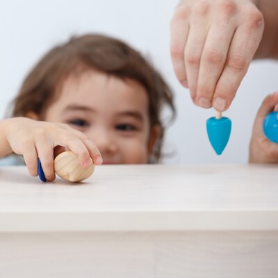 Plan Toys Wooden Mini Spinning Tops, Blue, 4/Pack (PTS4132)