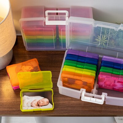 Iris Hinged Closure Plastic Storage Bin with 12 Multi-colored Photo Cases, 2/Pack (500055)