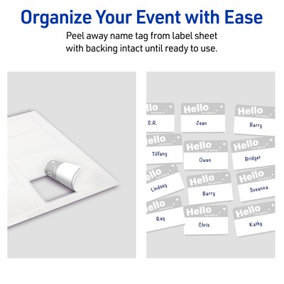 Avery Adhesive Name Tags, Pre-printed Silver Hello Design