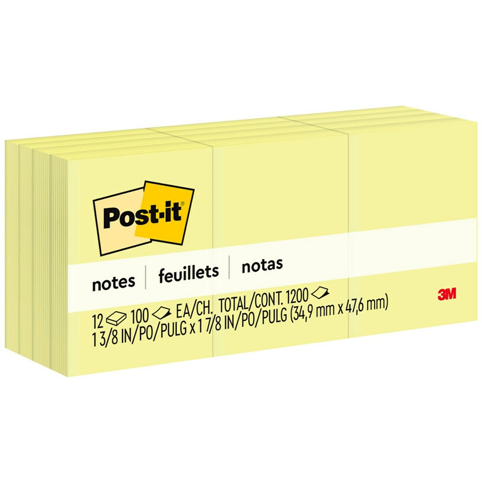 Post-it Sticky Notes, 1-3/8 x 1-7/8 in., 12 Pads, 100 Sheets/Pad, The Original Post-it Note, Canary Yellow