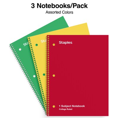 Staples 1-Subject Notebooks, 8" x 10.5", College Ruled, 70 Sheets, Assorted Colors, 3/Pack (ST58375C)