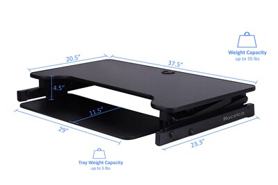 Rocelco 37.5" Height Adjustable Standing Desk Converter with Dual Monitor Arm - Anti Fatigue Mat, Black (R DADRB-DM2-MAF)
