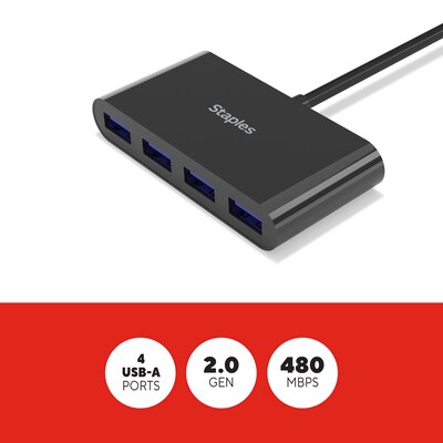 Staples TECH 4-Port USB 2.0 Hub, Black (ST62379)