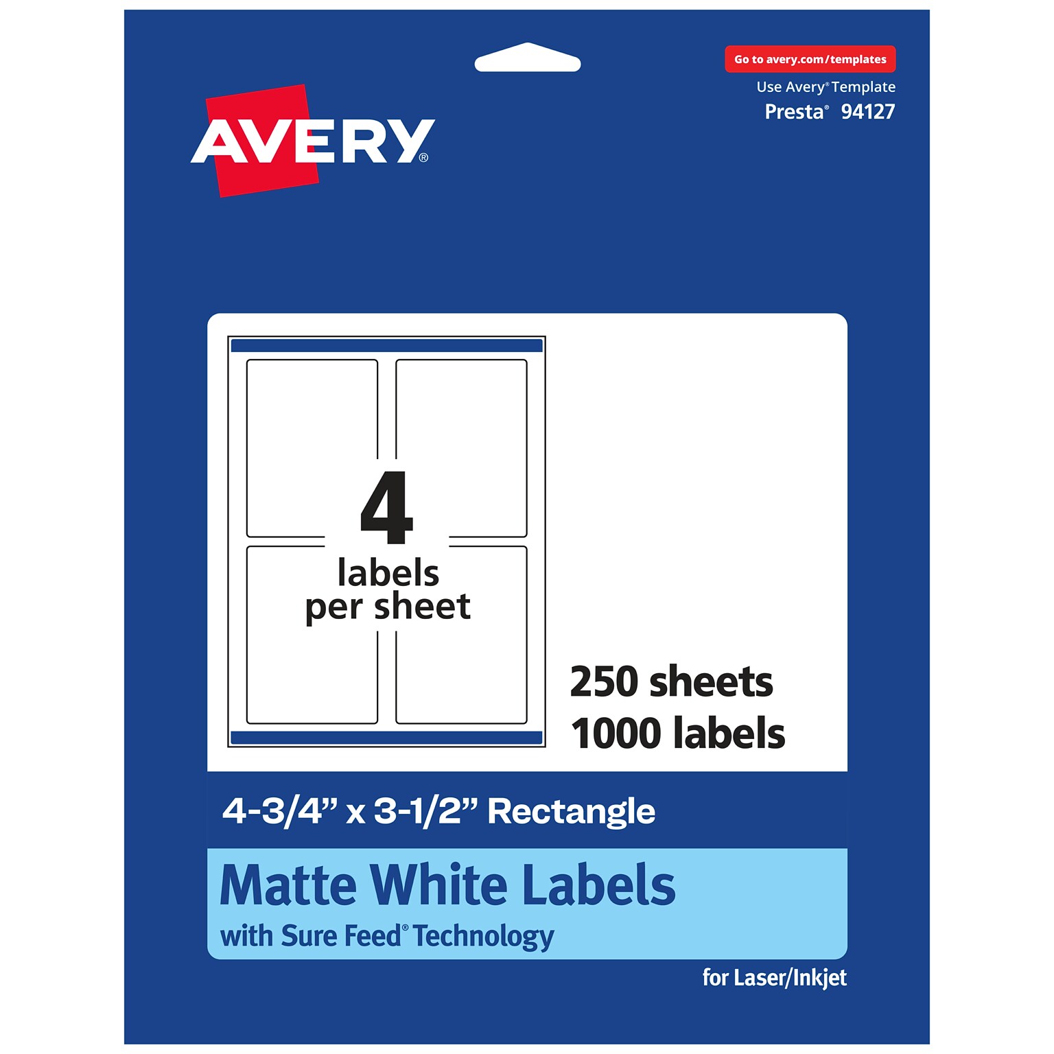 Avery Laser/Inkjet Multipurpose Labels, 3.5  x 4.75, Matte White, 1000/Box (94127)