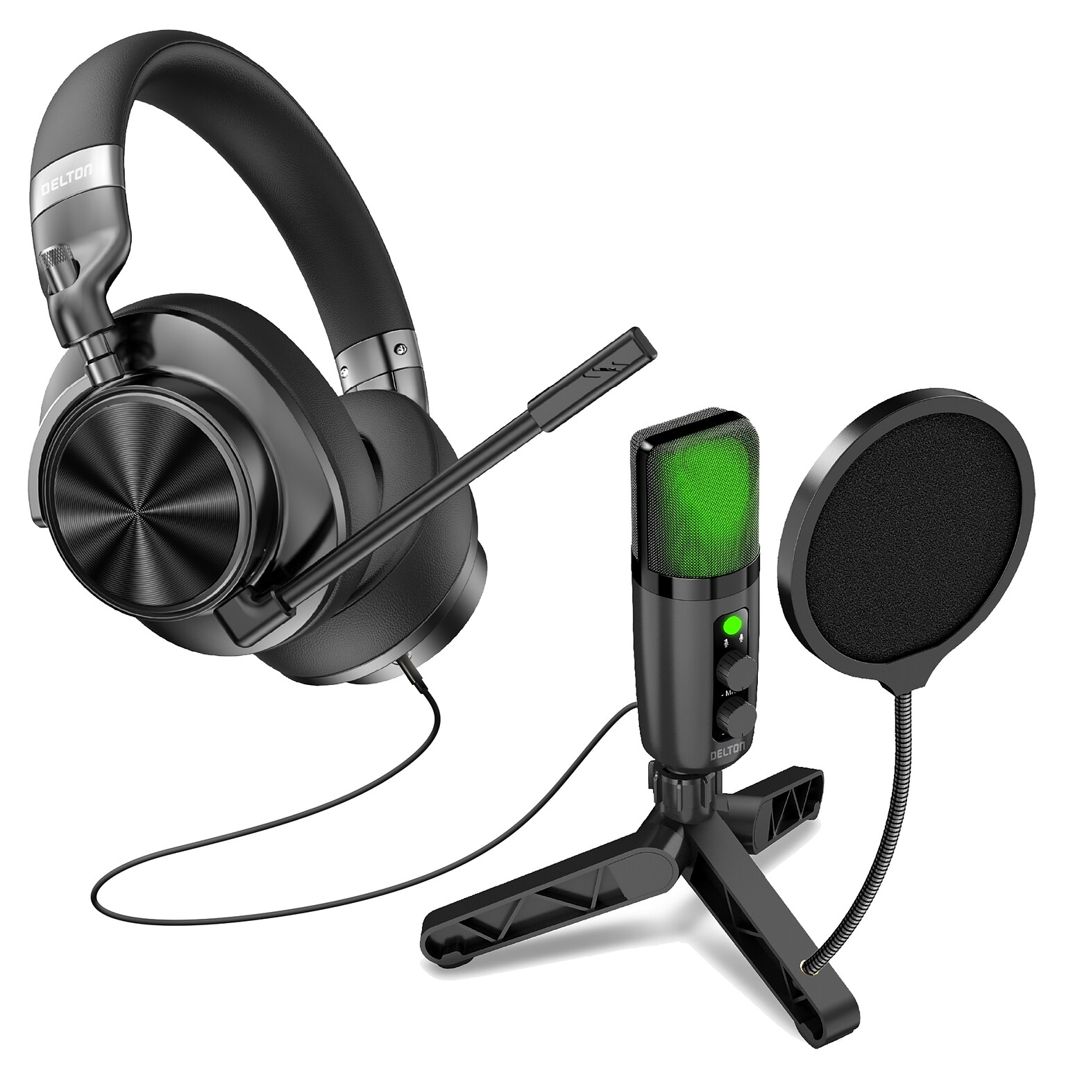 Delton M320 RGB Condenser Microphone and ANC Bluetooth Computer Headphones Podcast & Recording Kit, Black (DRU3000BD3)