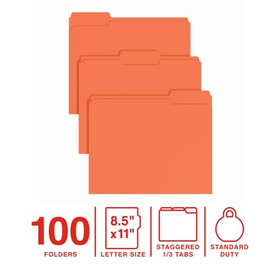 Staples File Folder, 1/3-Cut Tab, Letter Size, Orange, 100/Pack (ST62728)