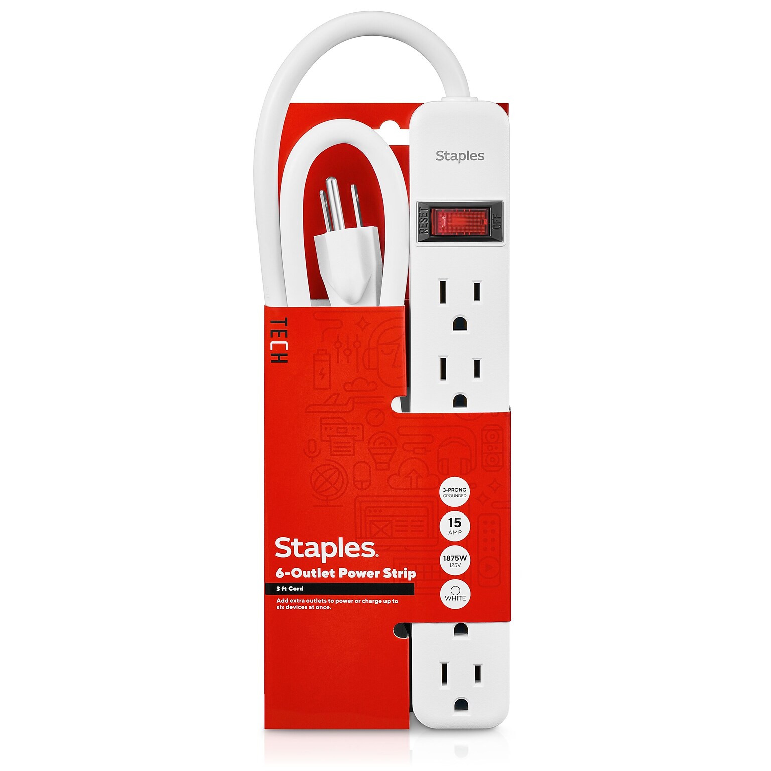 Staples TECH 6-Outlet Power Strip, 3 Cord, White (22147)