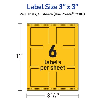 Avery Laser/Inkjet Square Multipurpose Labels, 3" x 3", Bright Yellow, 240/Pack (94101)