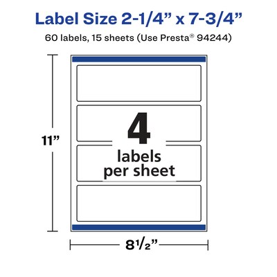 Avery Laser/Inkjet Rectangle Multipurpose Labels, 2.25" x 7.75", White, 60 Labels/Pack (94244)